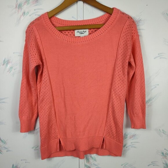 American Eagle Outfitters Coral Orange Open Knit Sweater - Picture 1 of 8